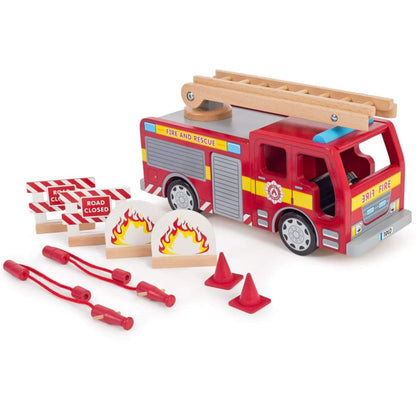 Tidlo Fire Engine wooden playset with accessories, including road signs, fire cones, hoses and flames.