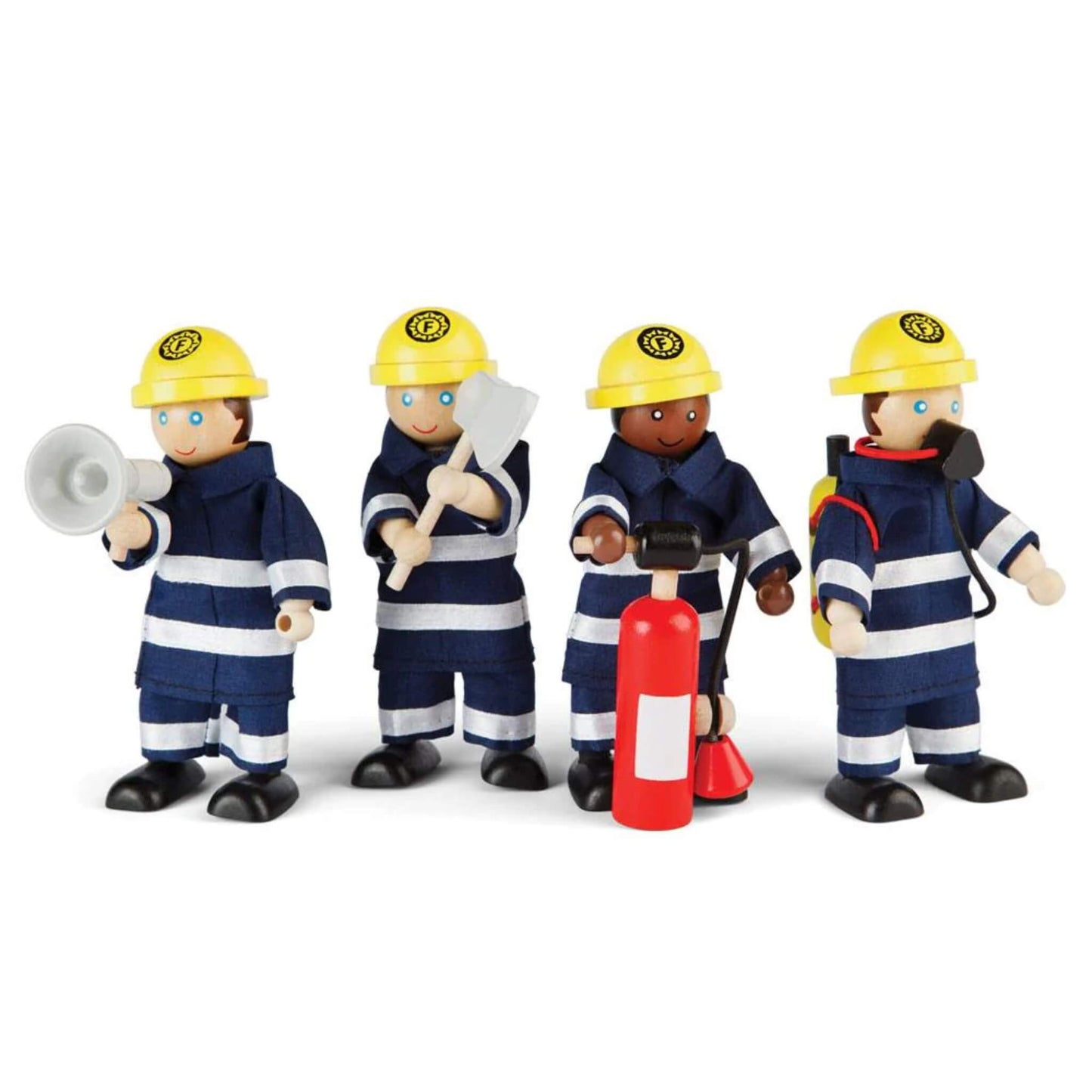 Tidlo Firefighters set showing four wooden firefighter figures with yellow helmets and detailed uniforms, each holding a different rescue accessory.