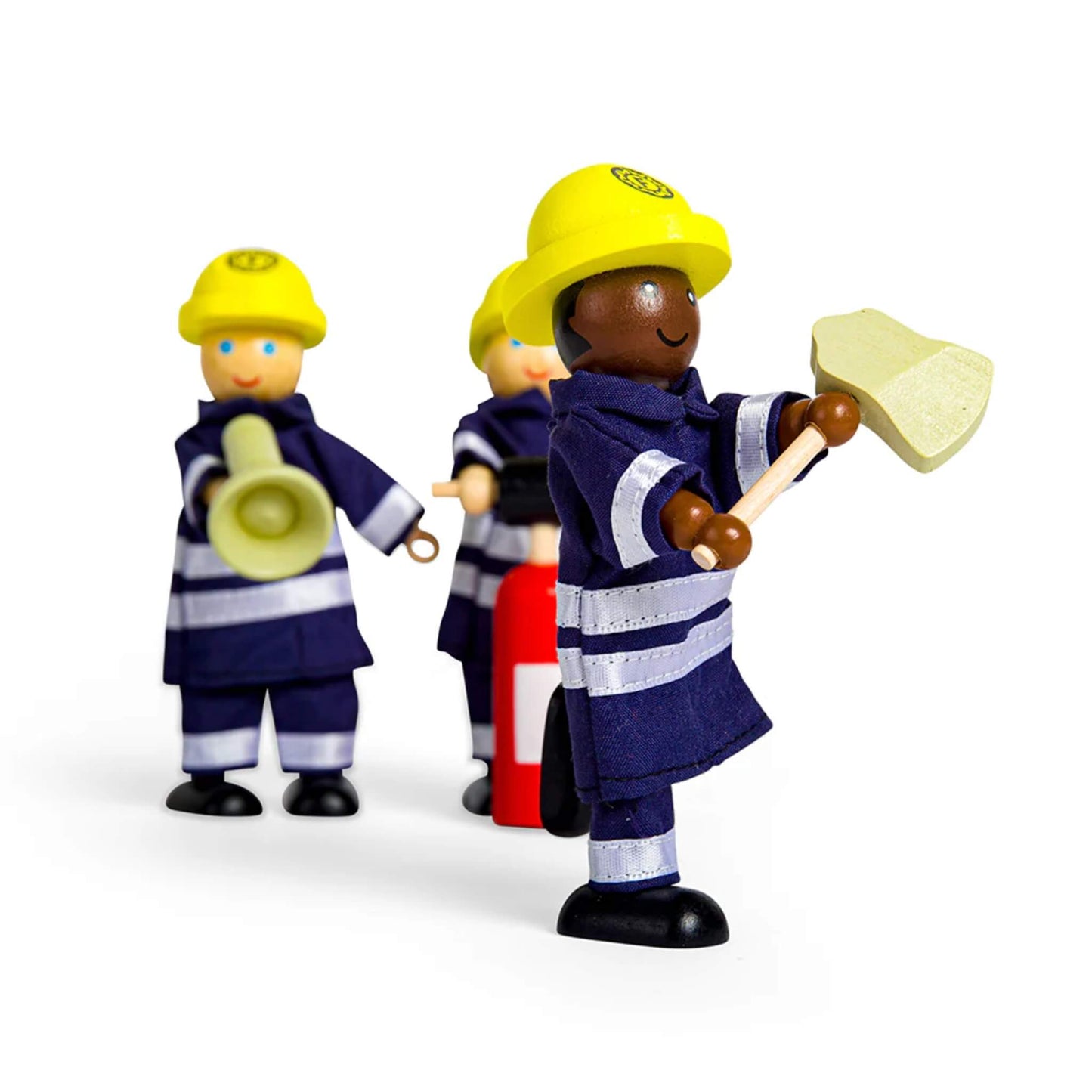 Close-up of three firefighter dolls, with one figure in the foreground holding a wooden axe and smiling.