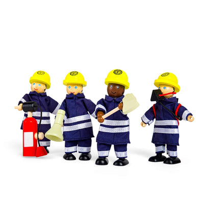 Line-up of four firefighter dolls standing upright with equipment, including a fire extinguisher and megaphone.