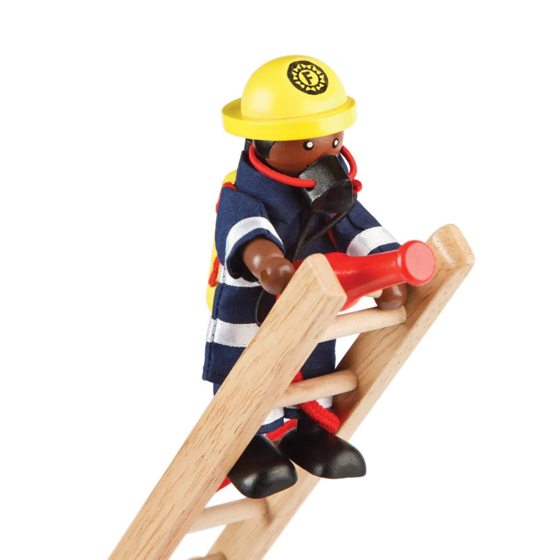 Wooden firefighter figure climbing a ladder while wearing a breathing mask and oxygen tank.