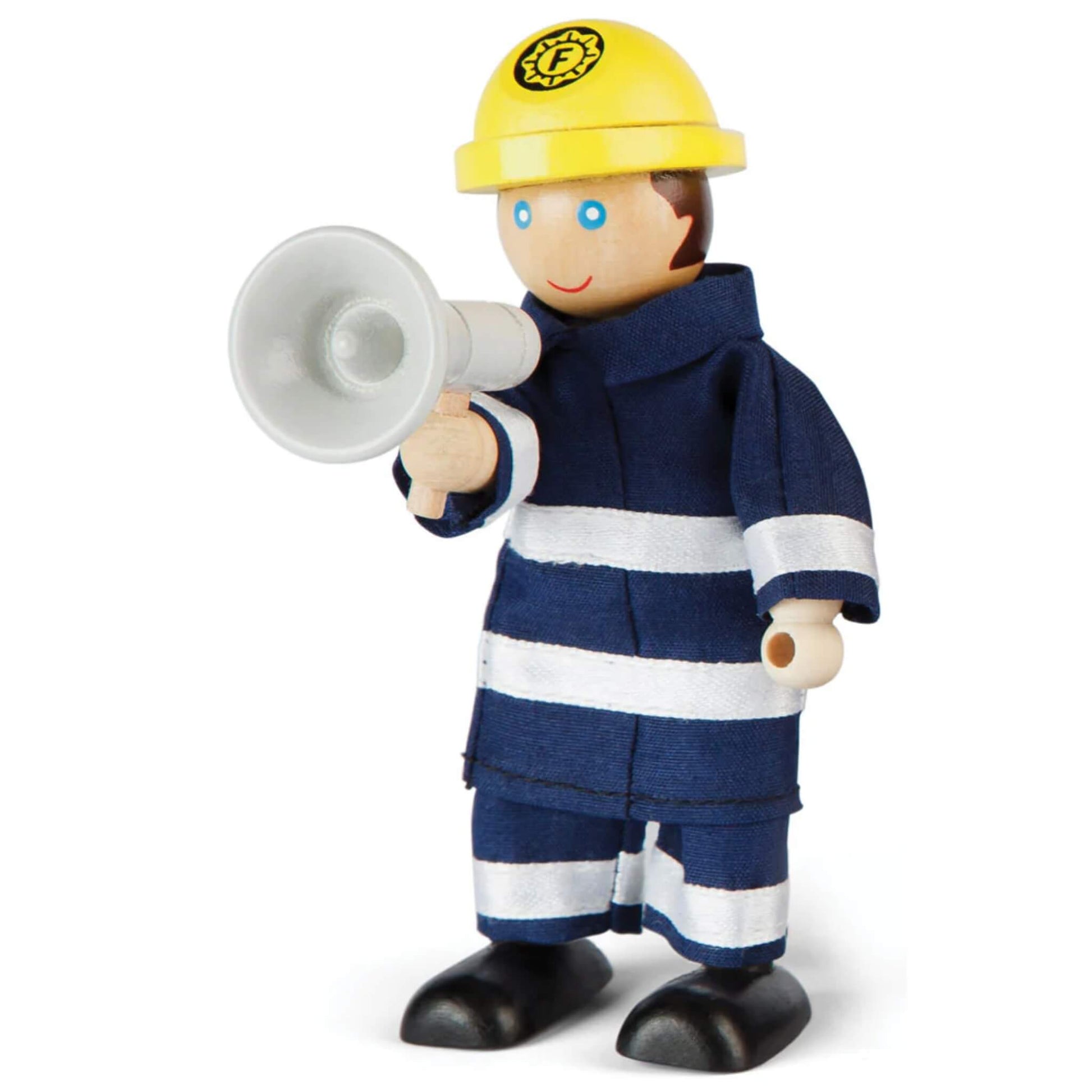 Firefighter doll holding a megaphone, dressed in a navy uniform with white reflective stripes.