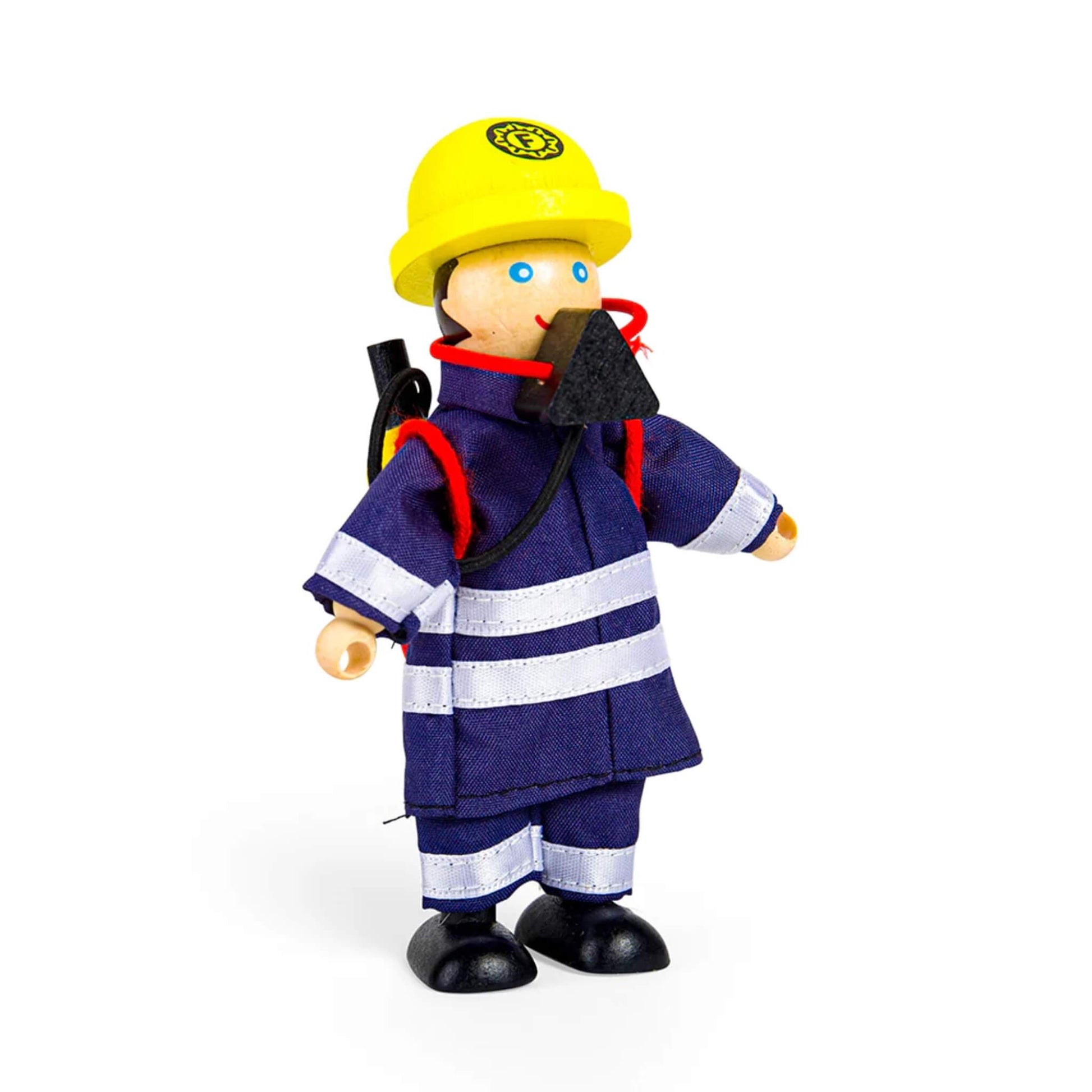 Poseable firefighter doll wearing a breathing mask, red hose, and yellow helmet.