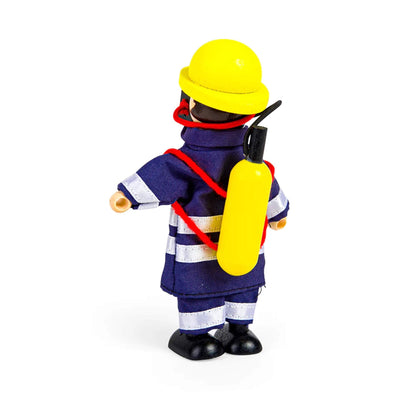 Rear view of the firefighter doll showing a yellow oxygen tank and harness detail.