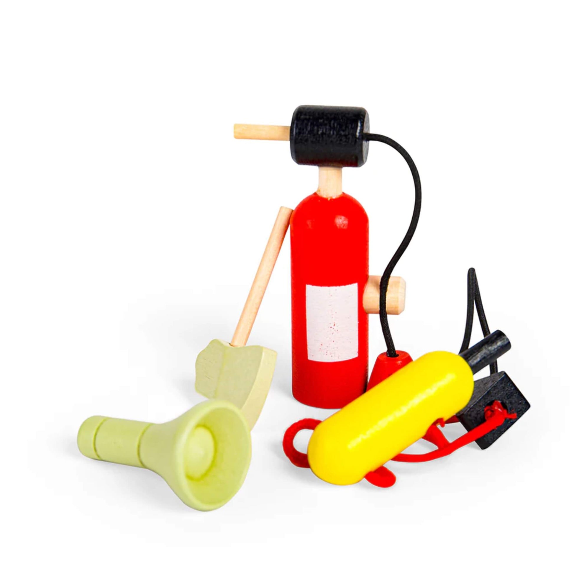 Collection of wooden accessories including a megaphone, fire extinguisher, axe, oxygen tank and mask.
