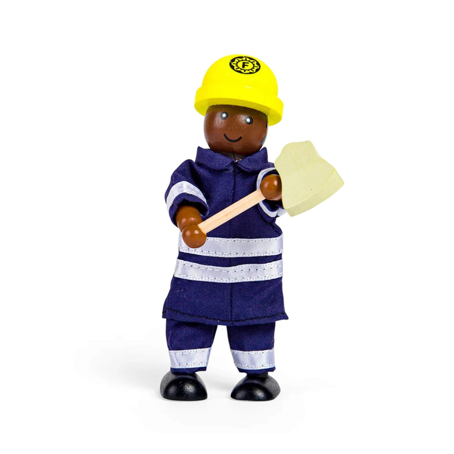 Wooden toy Firefighter figure smiling and holding a wooden axe in both hands.