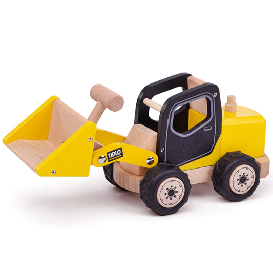 Tidlo Front End Loader wooden construction toy with black cab, yellow chassis and movable scoop bucket on chunky rubber wheels.
