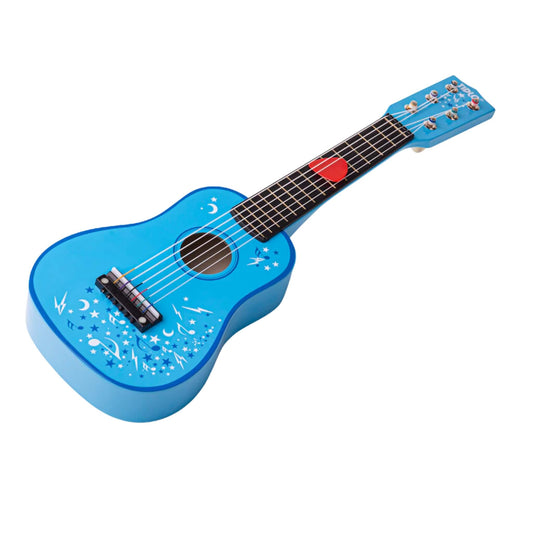 Tidlo Guitar in blue with star and music note motifs, featuring six nylon strings, a red plectrum, and a compact wooden body designed for young beginners.