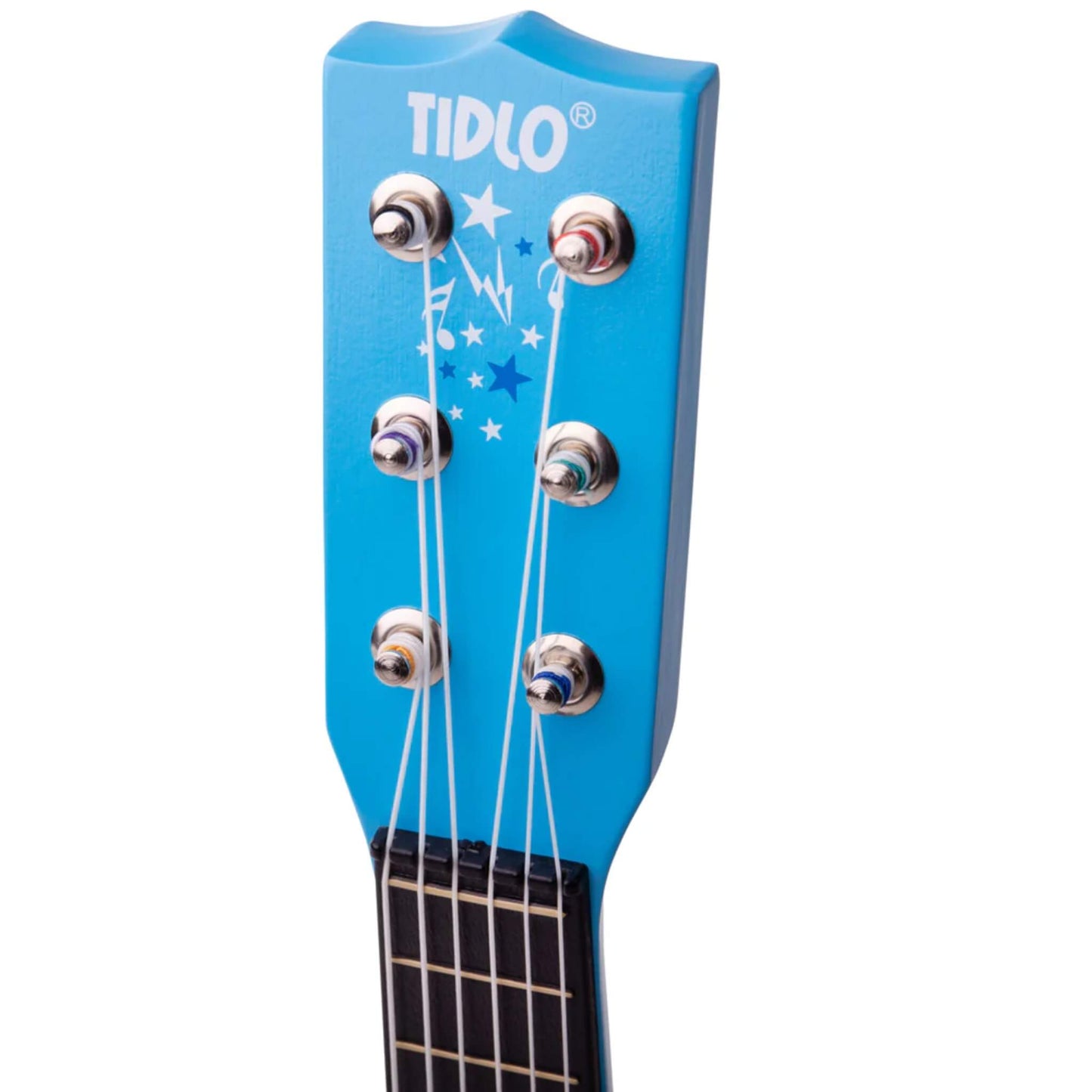 Headstock of the guitar with six tuning pegs and white strings, decorated with stars and lightning bolt graphics.