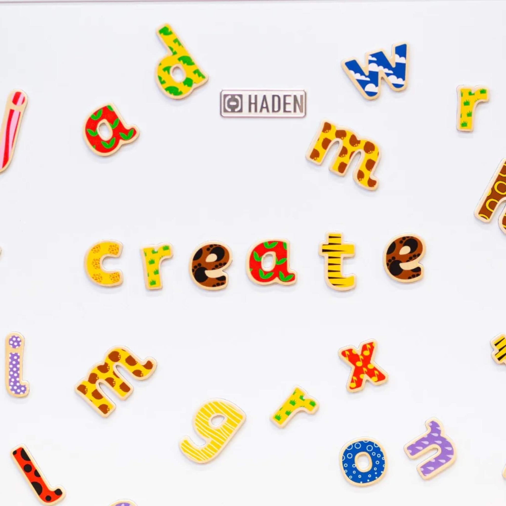 Colourful Tidlo lowercase magnetic letters spelling 'create' on a white background with Haden brand logo.