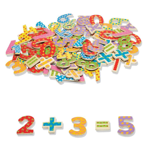 Colourful Tidlo magnetic wooden numbers and arithmetic symbols on a white background