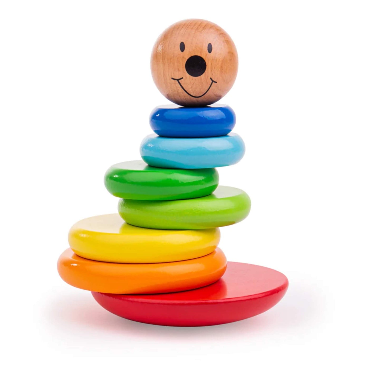 Tidlo Magnetic Wobbly Stacker featuring a smiling wooden face and colourful rainbow discs stacked on a red rocking base.