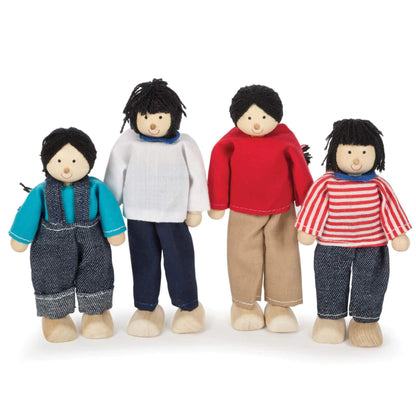 Tidlo Multicultural Wooden Doll Family, Asian set of four poseable figures with yarn hair, fabric clothing and wooden limbs—ideal for dollhouses and role play.