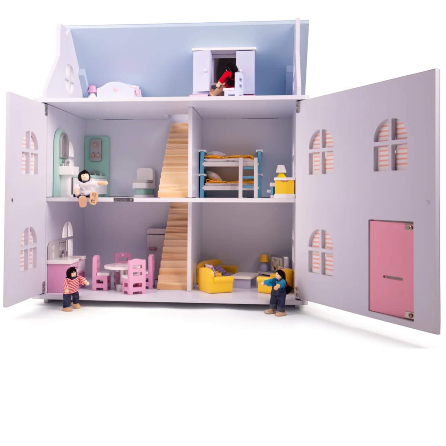Interior view of a wooden dollhouse with multiple rooms and furnishings, featuring the doll family interacting on different floors.