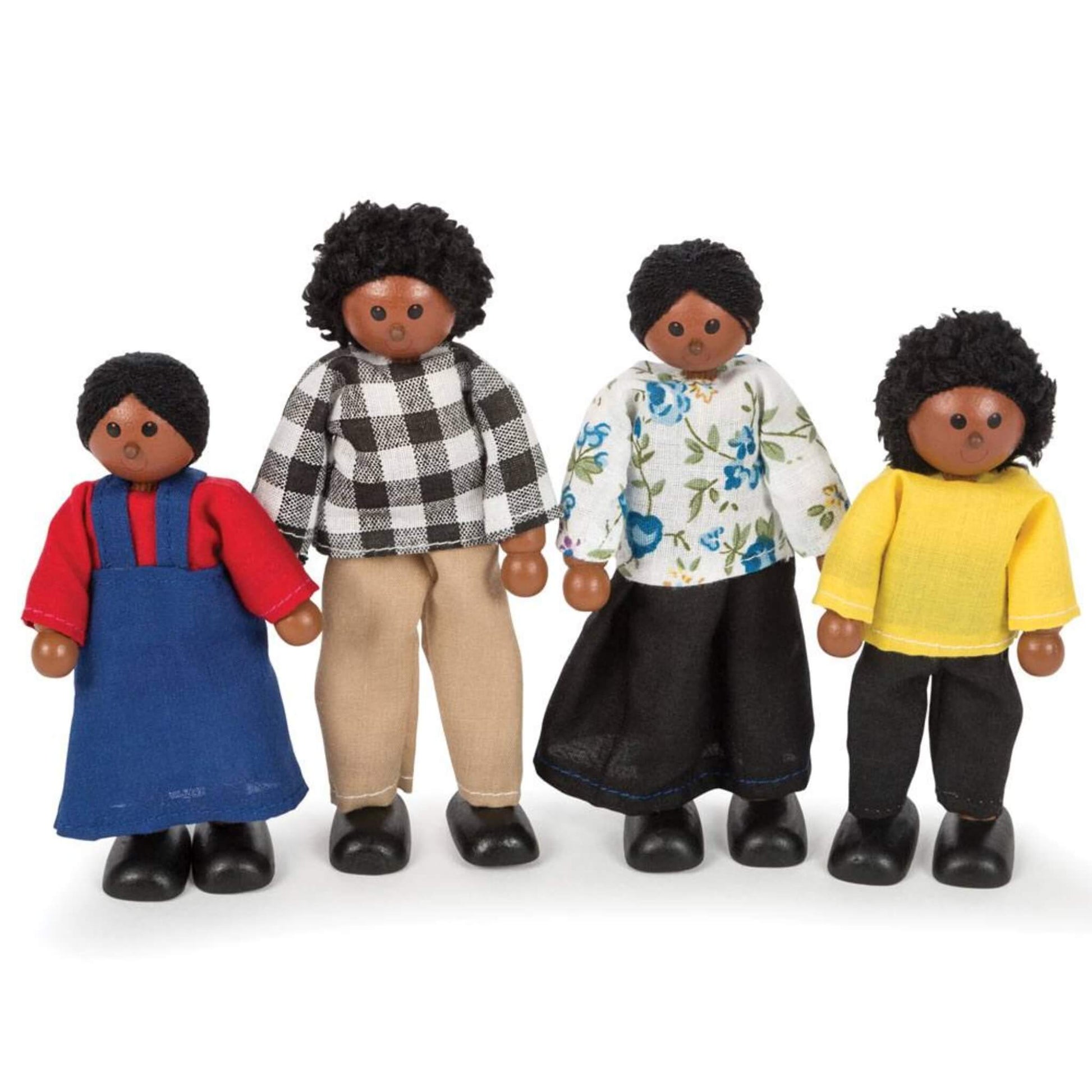Four Black family wooden dolls posed upright, each with yarn hair and moveable limbs, dressed in bright fabric clothes including checks, florals and primary colours.