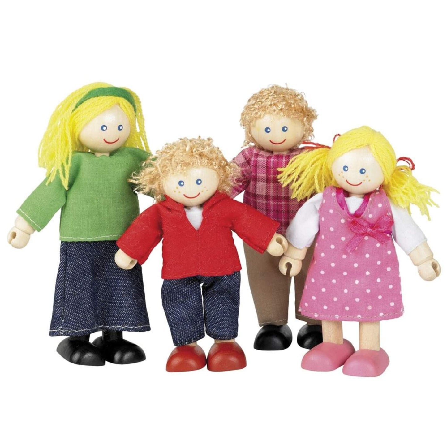 Four white family wooden dolls standing side by side, each with jointed limbs, soft yarn hair and colourful clothing—includes denim, spots and gingham.