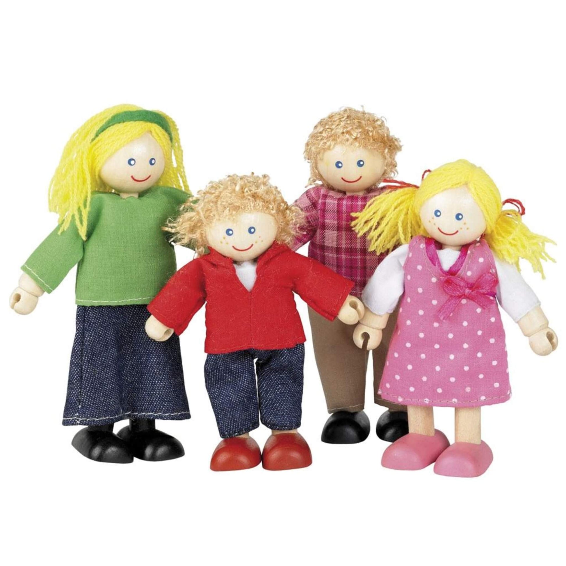 Four white family wooden dolls standing side by side, each with jointed limbs, soft yarn hair and colourful clothing—includes denim, spots and gingham.
