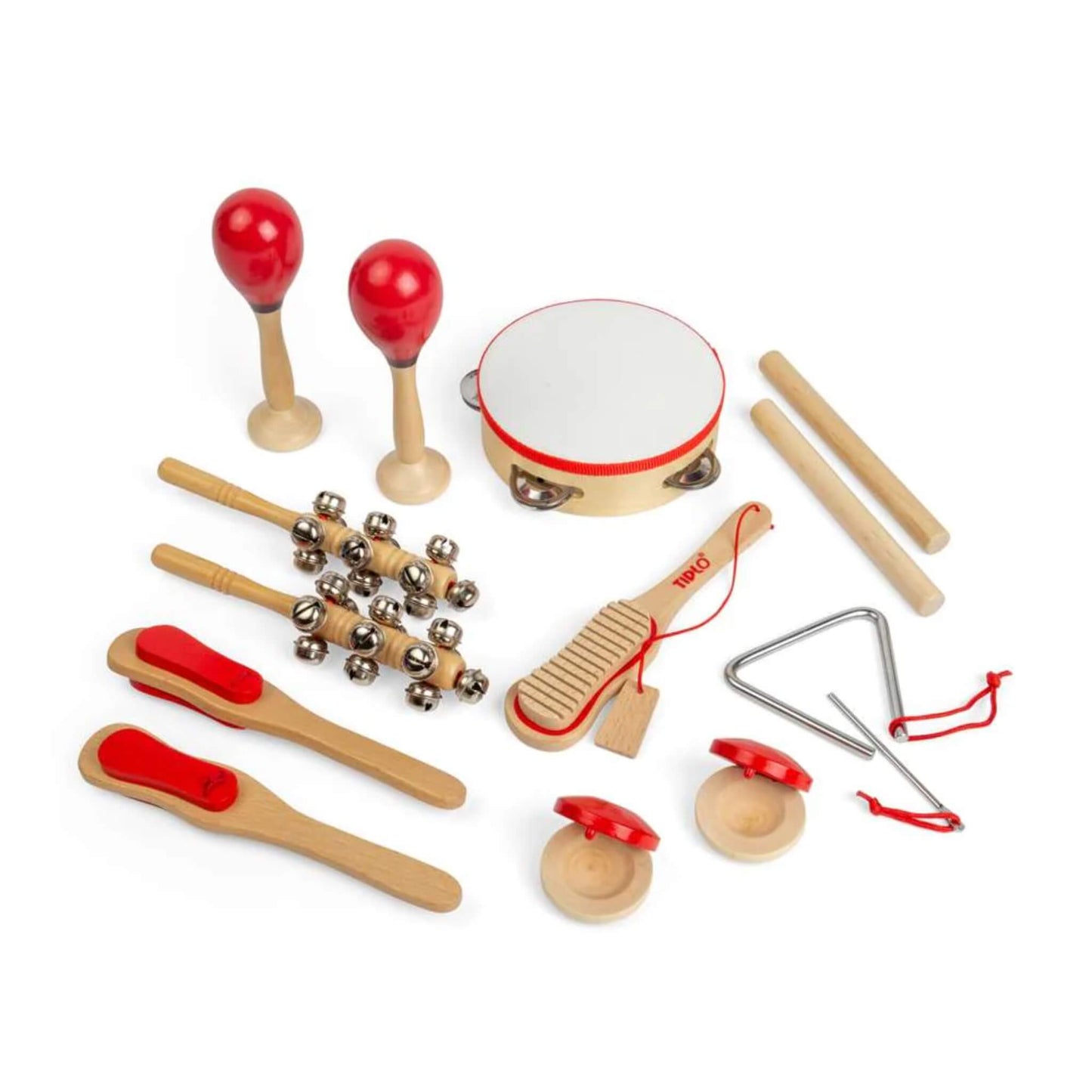 14-piece Tidlo Wooden Musical Instruments Set shown laid out, including tambourine, maracas, rhythm sticks, castanets, scraper, bells, paddles and triangle.