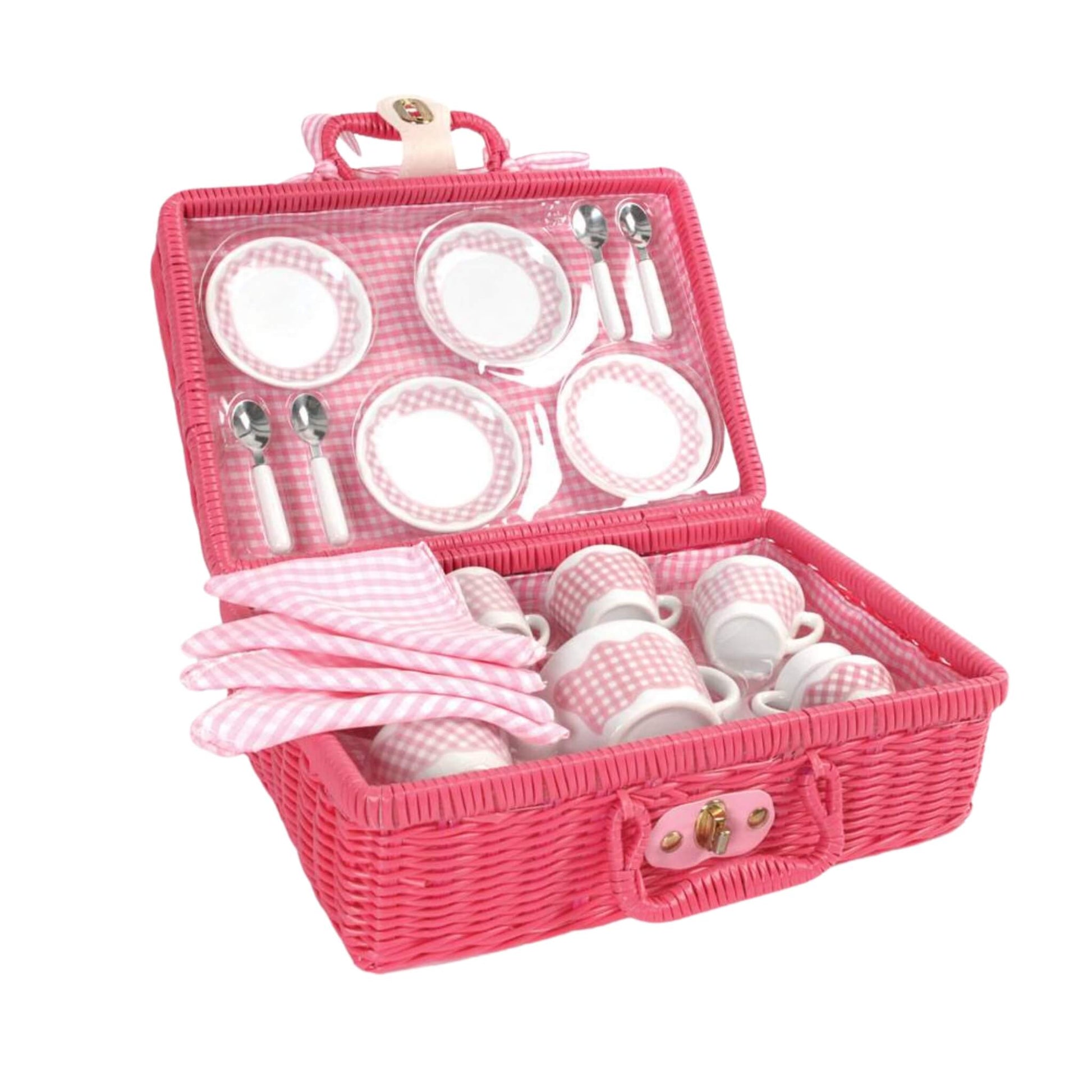 Tidlo Picnic Tea Set displayed in a bright pink wicker basket, open to reveal a full 18-piece porcelain tea set with pink gingham accents and matching napkins.