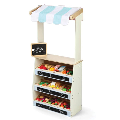 Tidlo Play Shop & Theatre shown in market stall mode with wooden crates of toy food, a striped canopy, chalkboard signs and a mini ‘Open’ board.