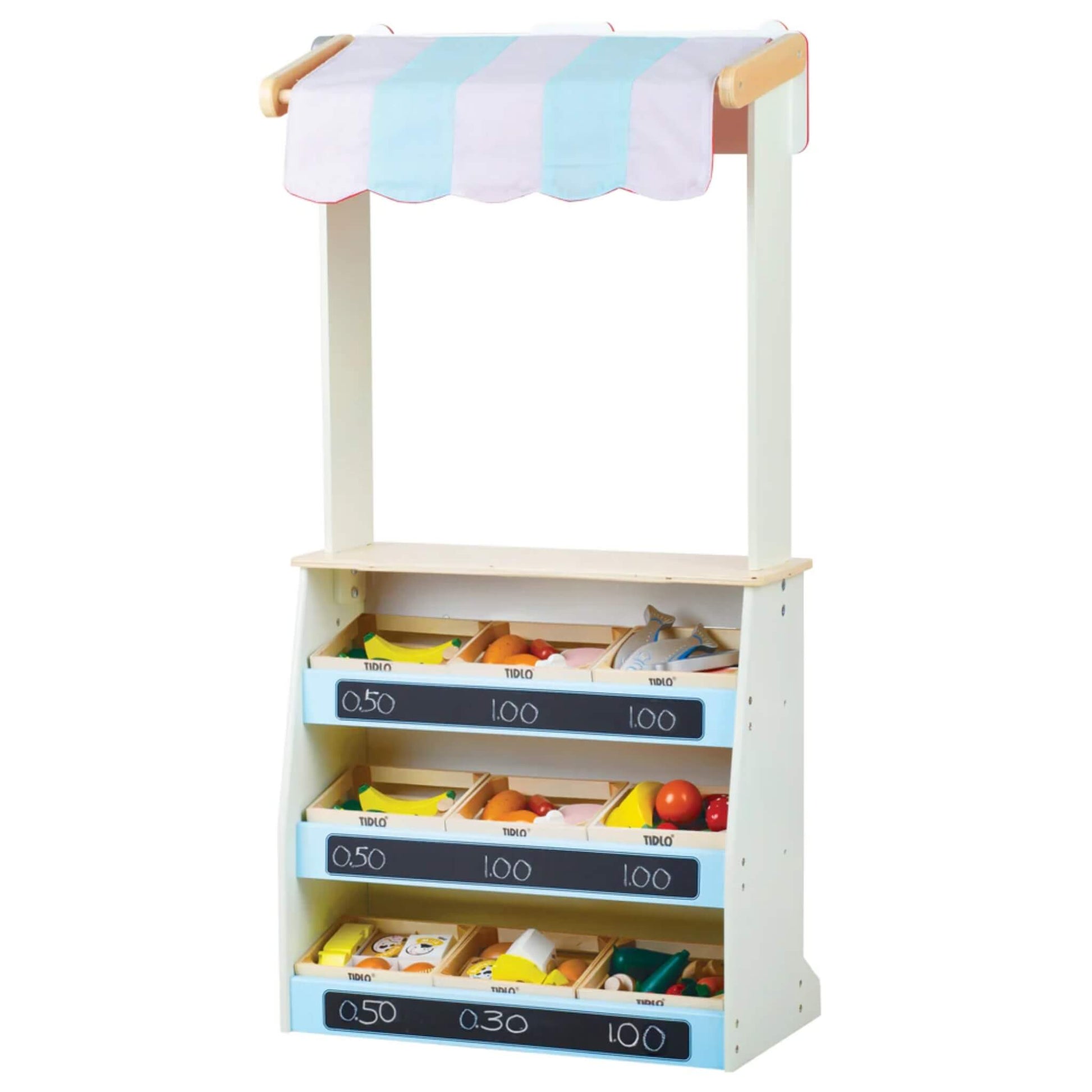 The play stand in shop mode filled with wooden food crates, featuring pricing labels and bright striped canopy in blue and white.