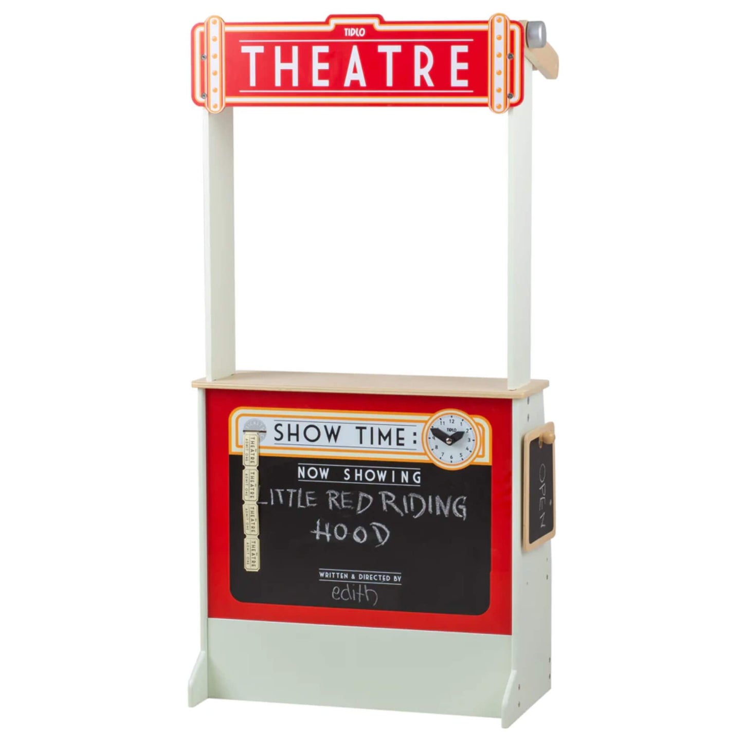 Reverse view of the unit transformed into a theatre, with red ‘THEATRE’ sign, blackboard display and printed showtime design with clock.