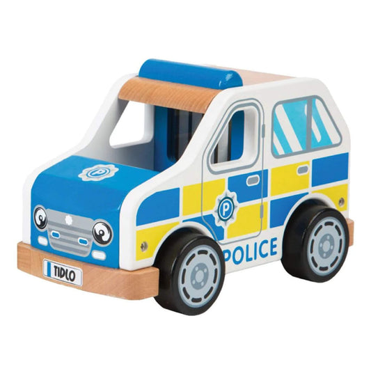 Tidlo Police Car wooden toy with blue, white and yellow detailing, smiling face on the front, and smooth-rolling wheels for pretend emergency play.