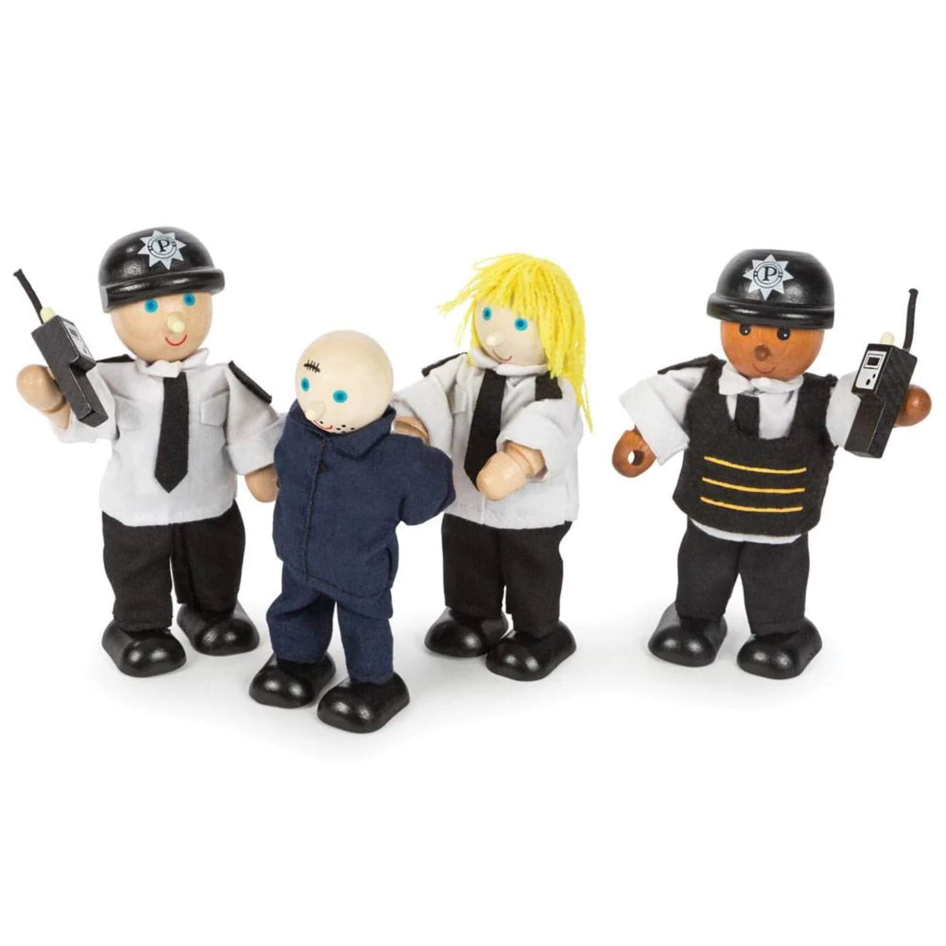 Tidlo Police Officers & Prisoner Figures set, including three wooden poseable police characters with walkie-talkies and one prisoner figure in navy outfit.