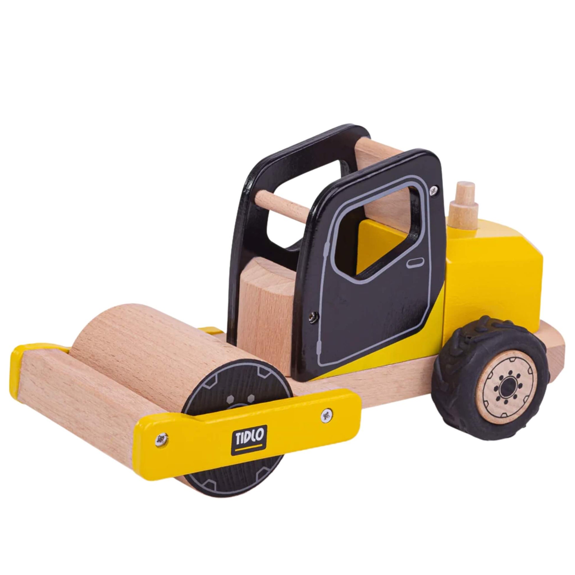Tidlo Road Roller with chunky wooden drum, yellow body and black cab detailing, designed for pretend construction site adventures.