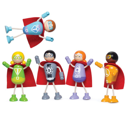 Tidlo Superhero Pack set of five colourful wooden figures with red felt capes, shown standing in a playful pose together.