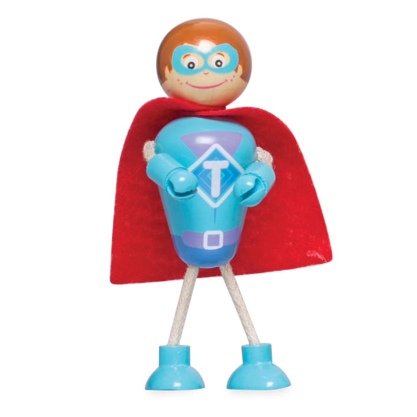 Close-up of the blue superhero figure from the Tidlo set, featuring a red cape and printed ‘T’ emblem on the chest.