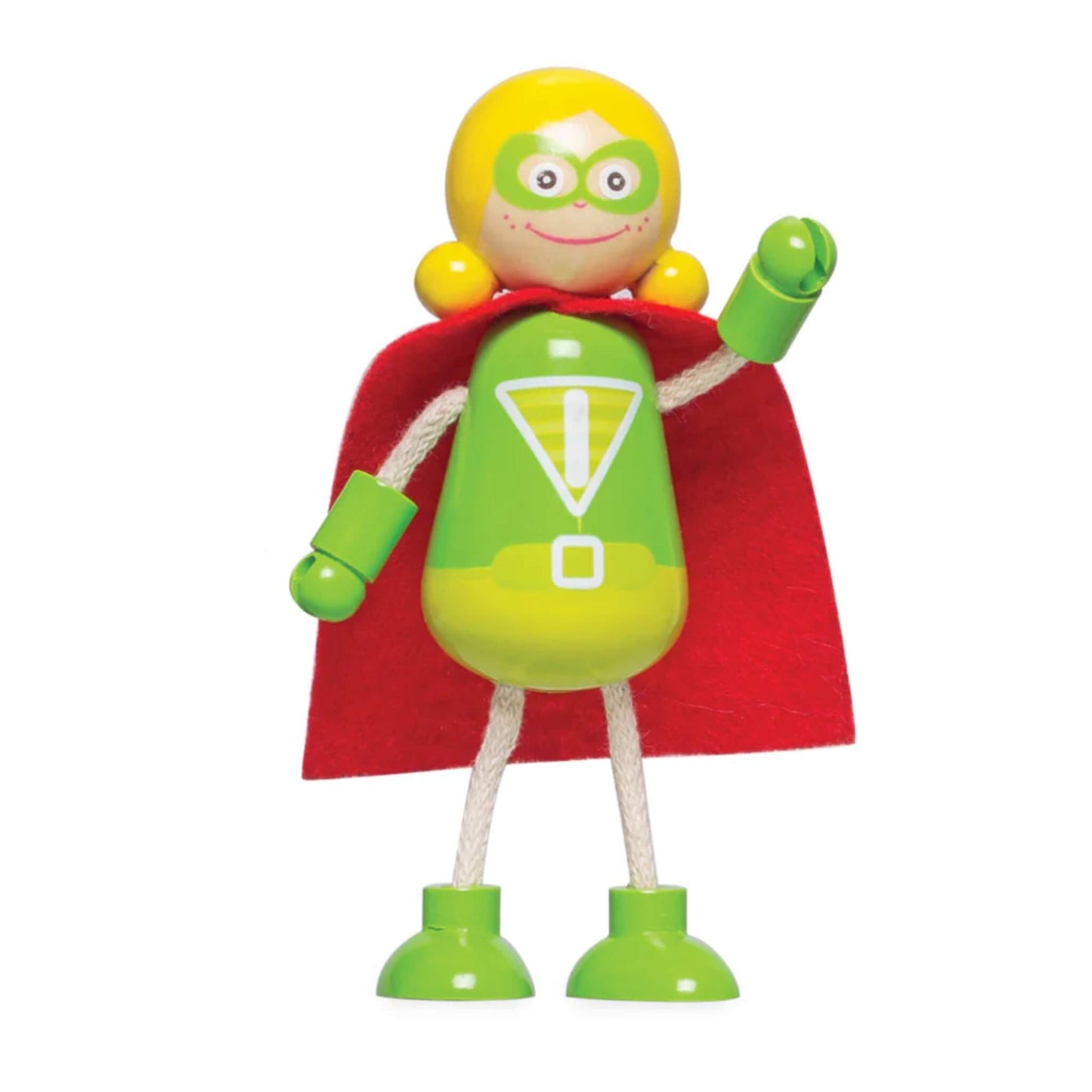 Green female superhero figure with yellow hair, green outfit and a red cape, raising one hand in a wave.