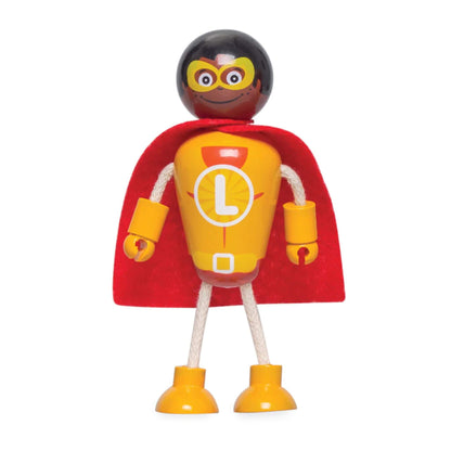 Yellow and orange superhero figure with black hair and goggles, standing with arms raised in a confident pose.
