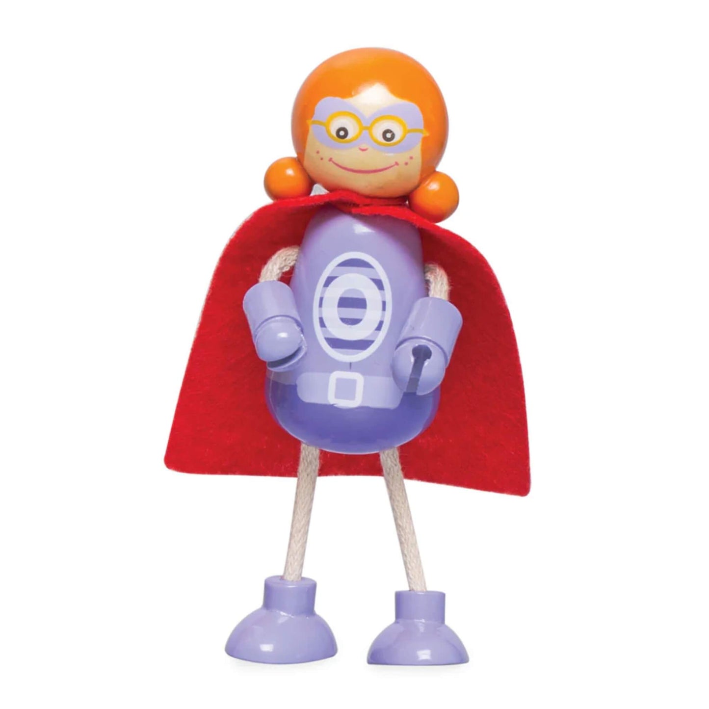 Purple superhero figure with orange hair and glasses, standing with hands clenched and ready for action.