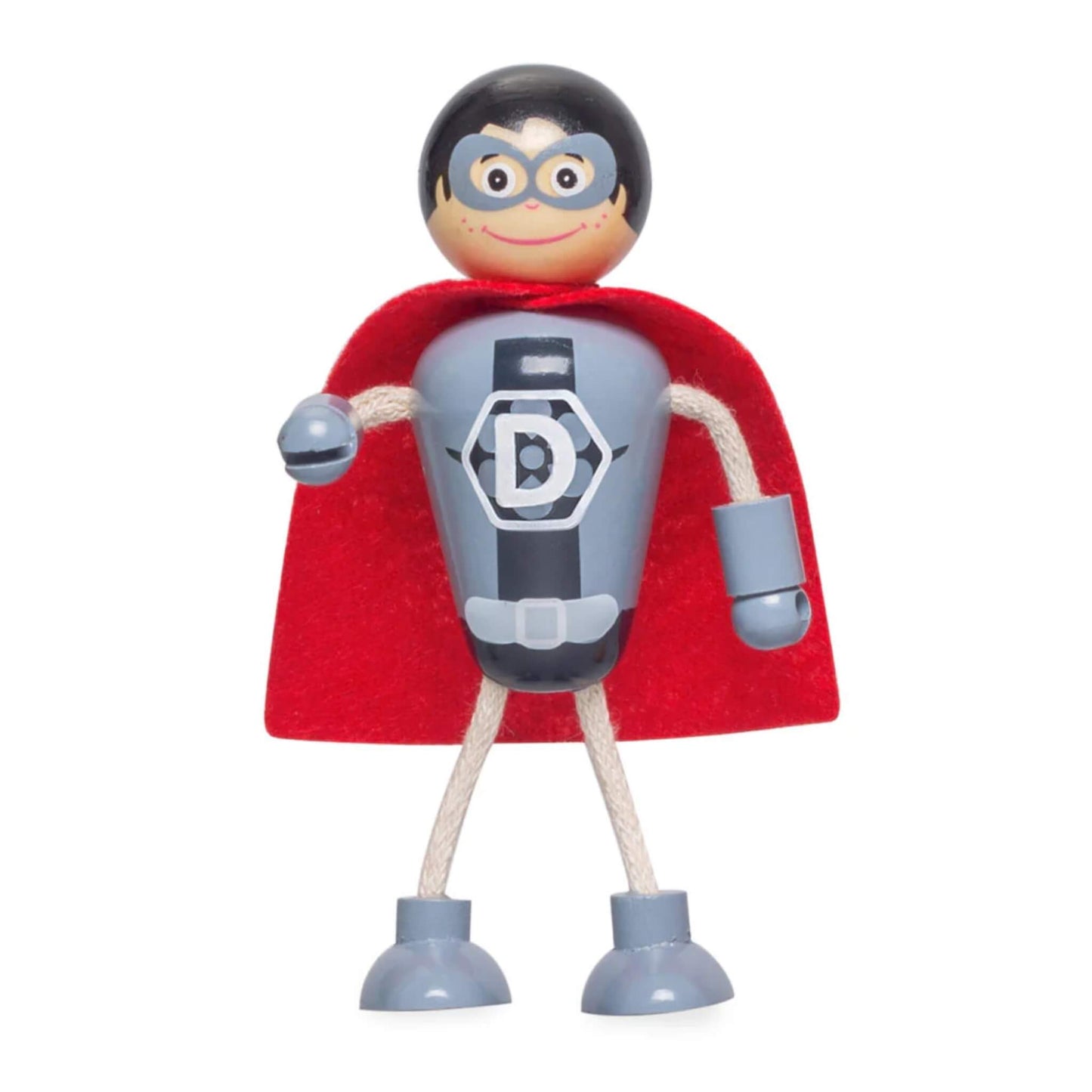 Grey superhero figure with black hair and mask, featuring a bold ‘D’ emblem on the chest and red cape.