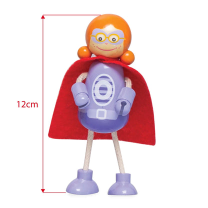 Purple superhero figure with red cape shown next to a 12cm height guide for size reference.