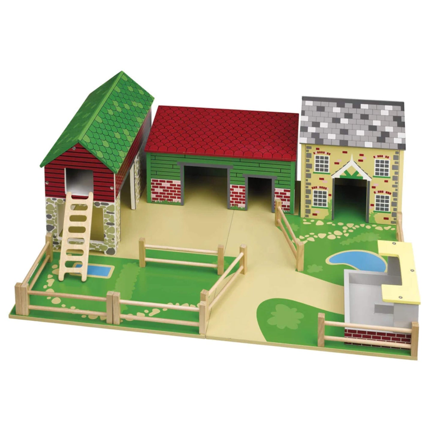 Tidlo Oldfield Farm wooden playset with barn, animal shed, farmhouse, pigsty, fences and a printed base, shown assembled and ready for play.