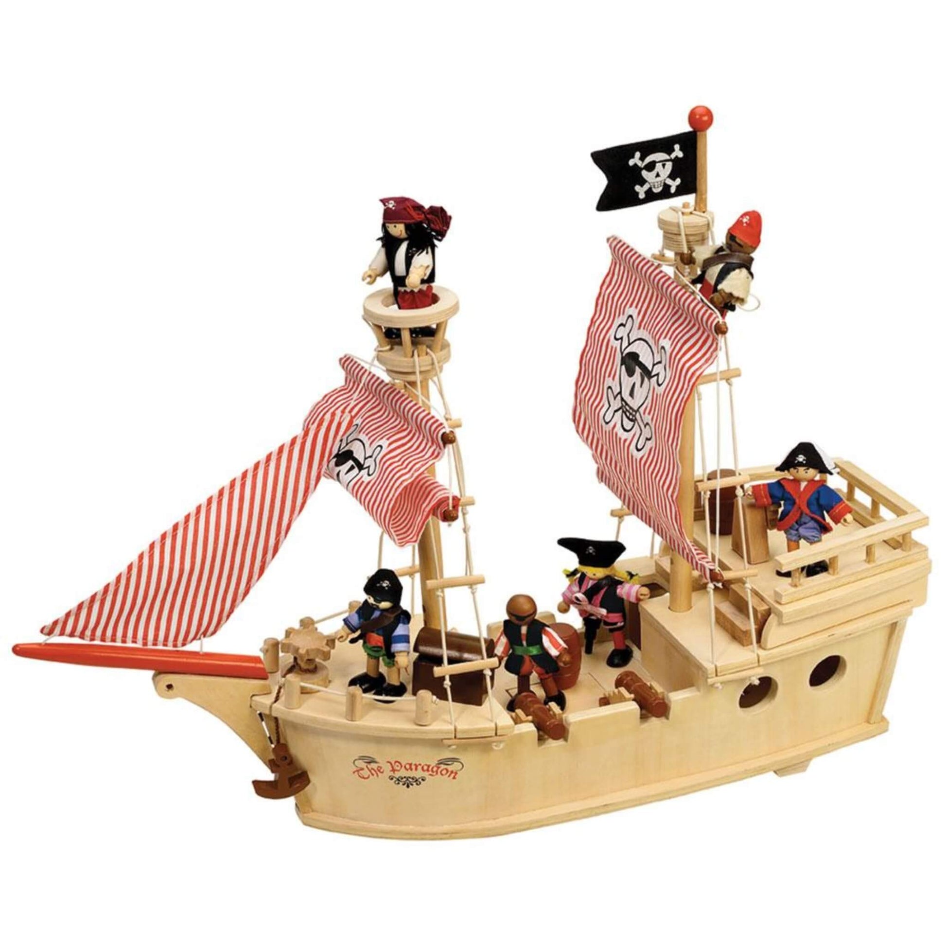 Tidlo The Paragon Pirate Ship, a detailed wooden toy boat with red striped sails, pirate flag, and crew of colourful pirate figures ready for adventure.