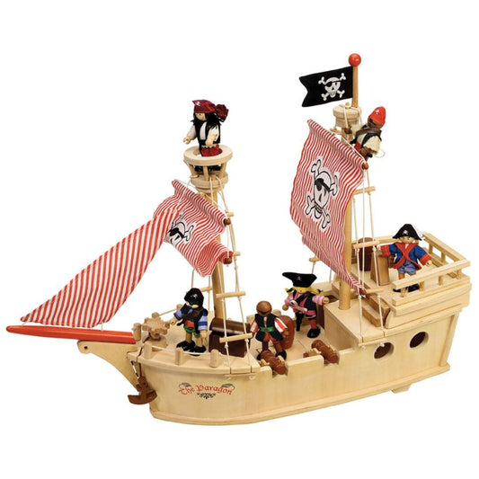 Tidlo The Paragon Pirate Ship, a detailed wooden toy boat with red striped sails, pirate flag, and crew of colourful pirate figures ready for adventure.