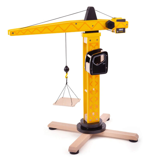 Tidlo Tower Crane wooden toy with a yellow rotating boom, working winch, open cab and lifting pallet, designed for realistic construction-themed play.
