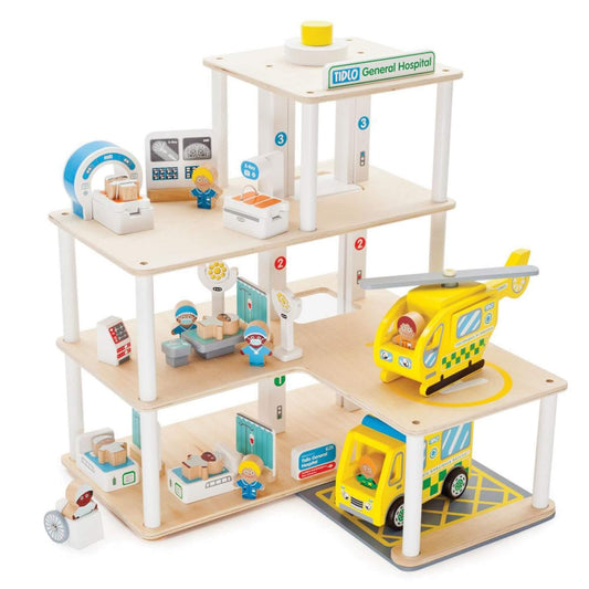 Tidlo Toy Hospital with three open floors, complete with air and road ambulances, working lift, medical rooms, accessories, and five wooden patients.