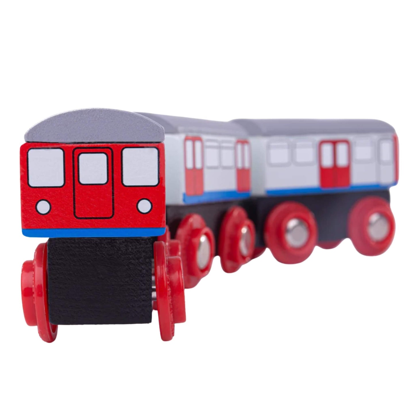 Tidlo Underground Train with three connected wooden carriages in red, white and blue, styled to resemble the London Tube.