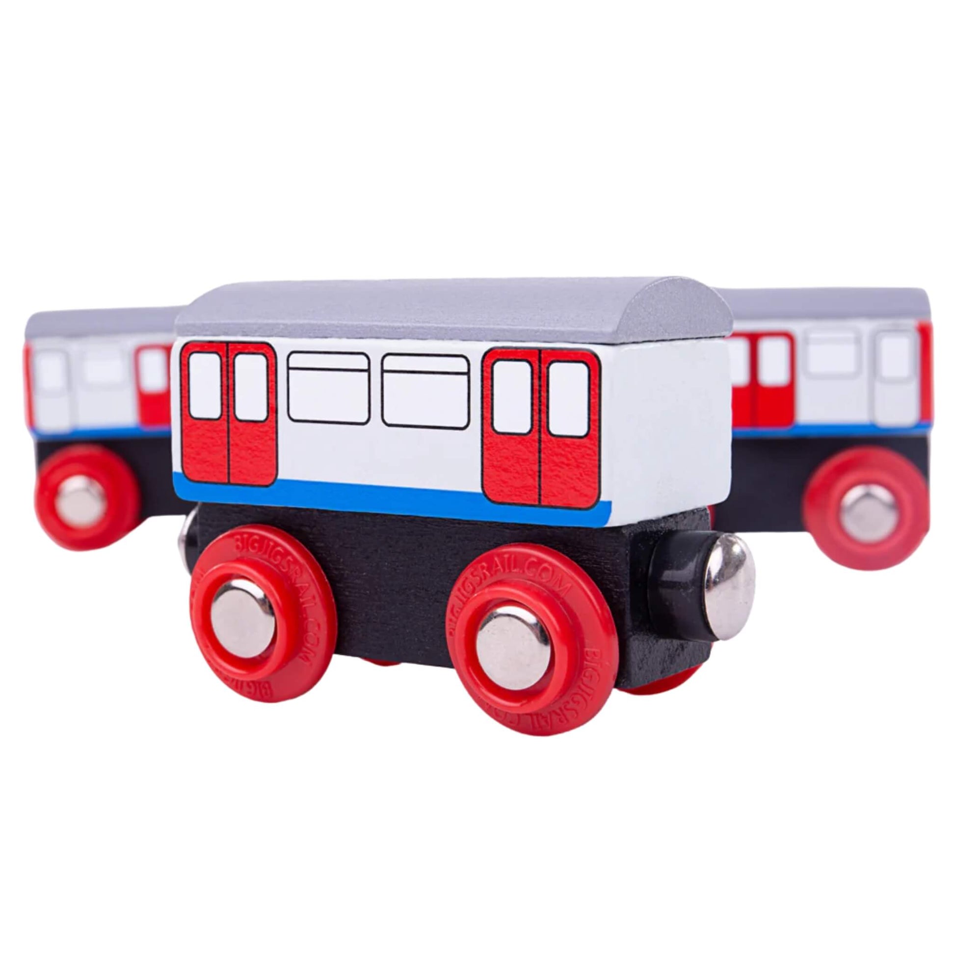 Side view of a single wooden Underground carriage showing detailed window and door illustrations, with bright red wheels and magnetic coupling.