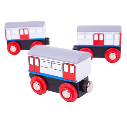 Three individual Tidlo Underground Train carriages positioned separately on a white background to show full shape and detailing.