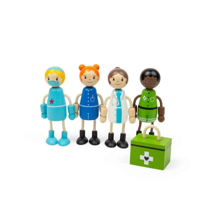 Tidlo Medic Dolls wooden play set with doctor, surgeon, nurse, paramedic and green first aid kit.