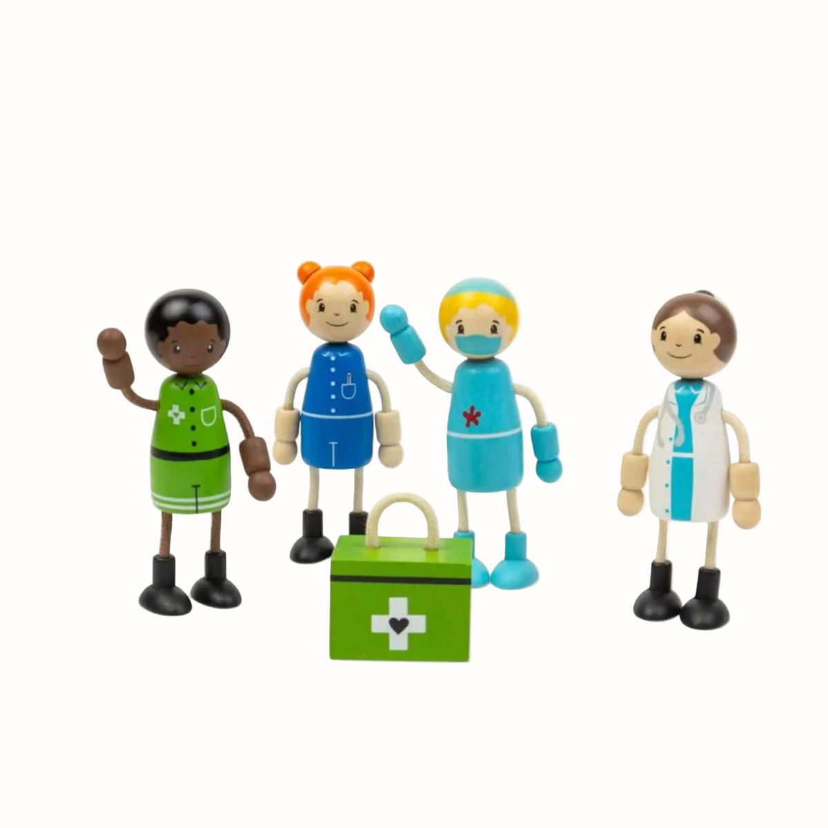 Wooden doctor, nurse, surgeon and paramedic figures posed for imaginative hospital and medical role-play.