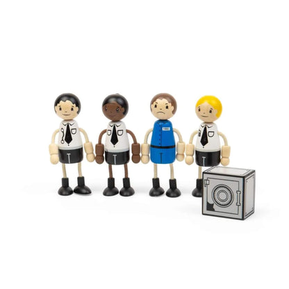 Tidlo Police Officer & Prisoner Dolls set with three wooden police officers, prisoner figure and toy safe.
