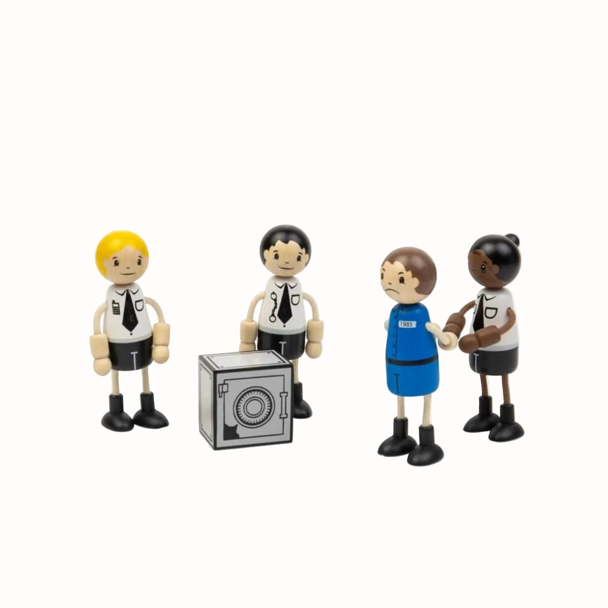 A wooden police officer stands beside the safe while another officer holds the prisoner figure.