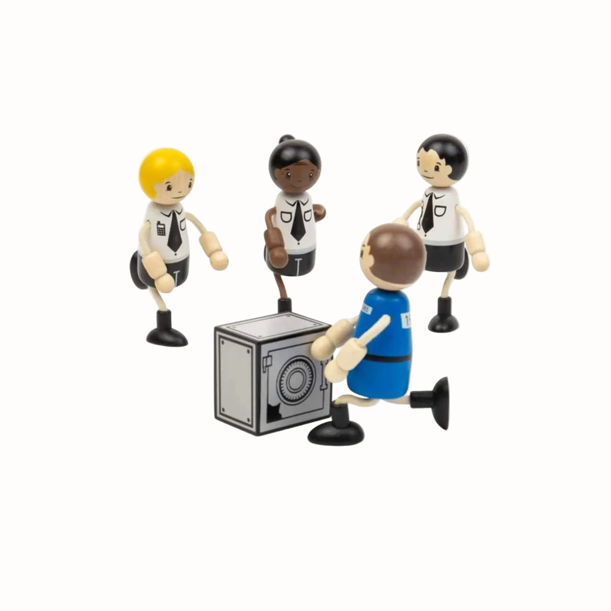 Three wooden police officers surround the prisoner as he reaches towards the toy safe.