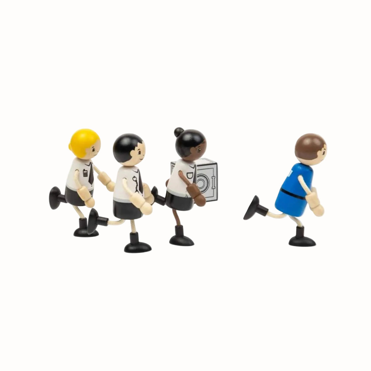 Three wooden police officers chase the prisoner as one officer carries the recovered safe.